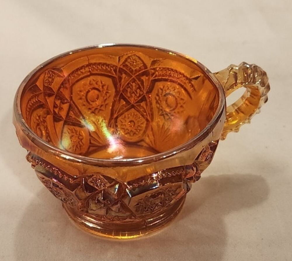Vintage Marigold Carnival Glass Punch Cup Iridescent Geometric Starburst Mug